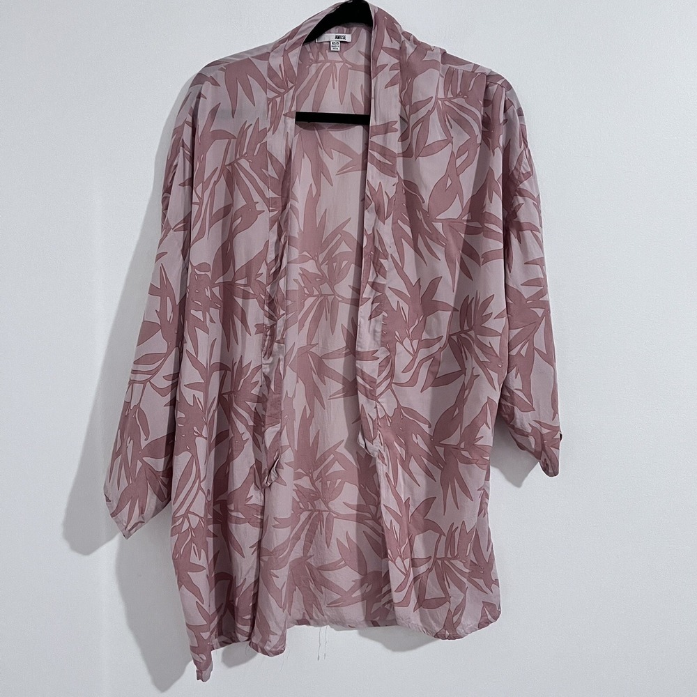 Amuse Society Pastel Pink Kimono XS / S Leaves Bohemian Open Light Cover Up